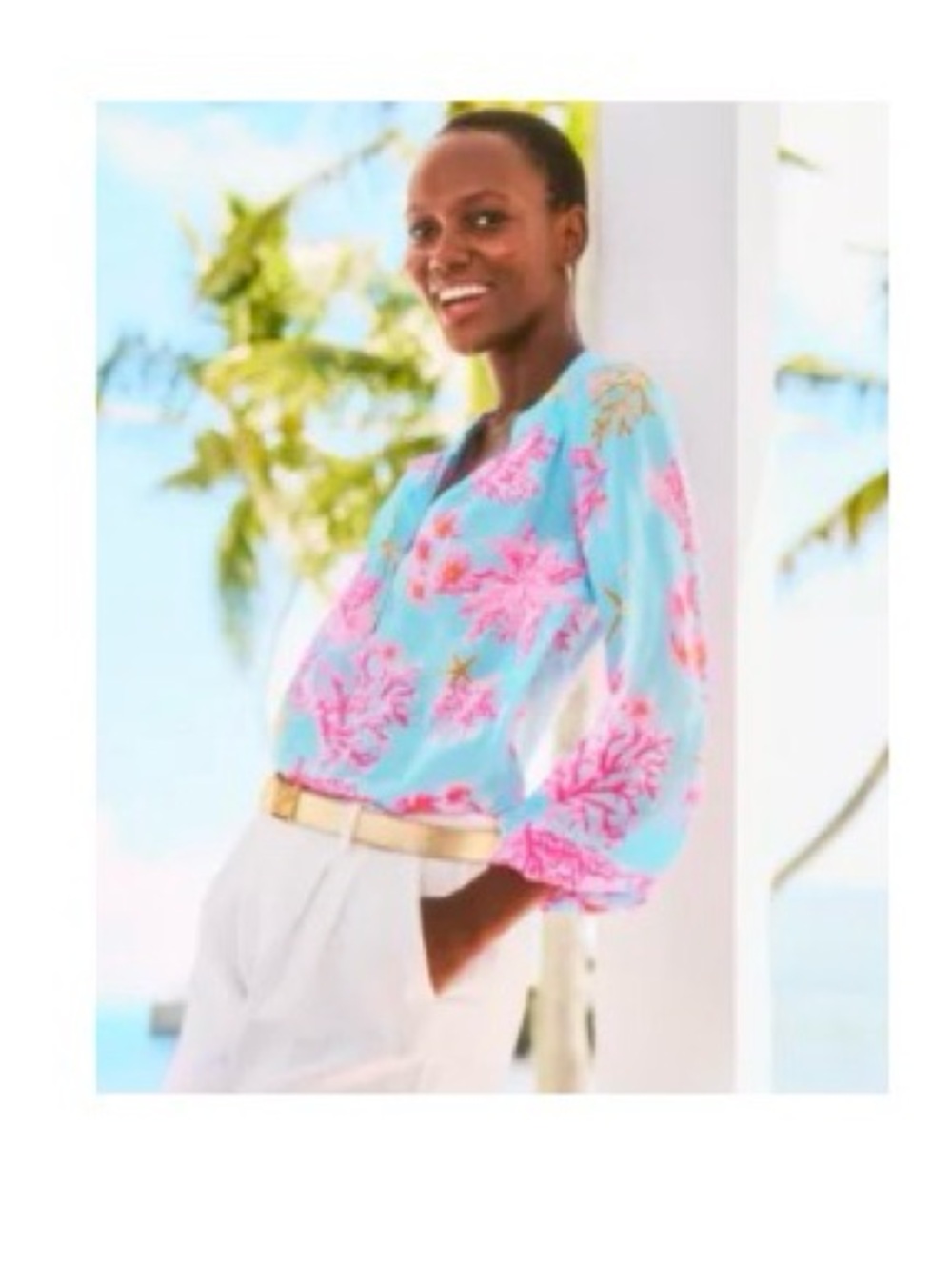 Elsa Silk Lilly Pulitzer Blue Blouse with Pink Coral & Gold Starfish Print